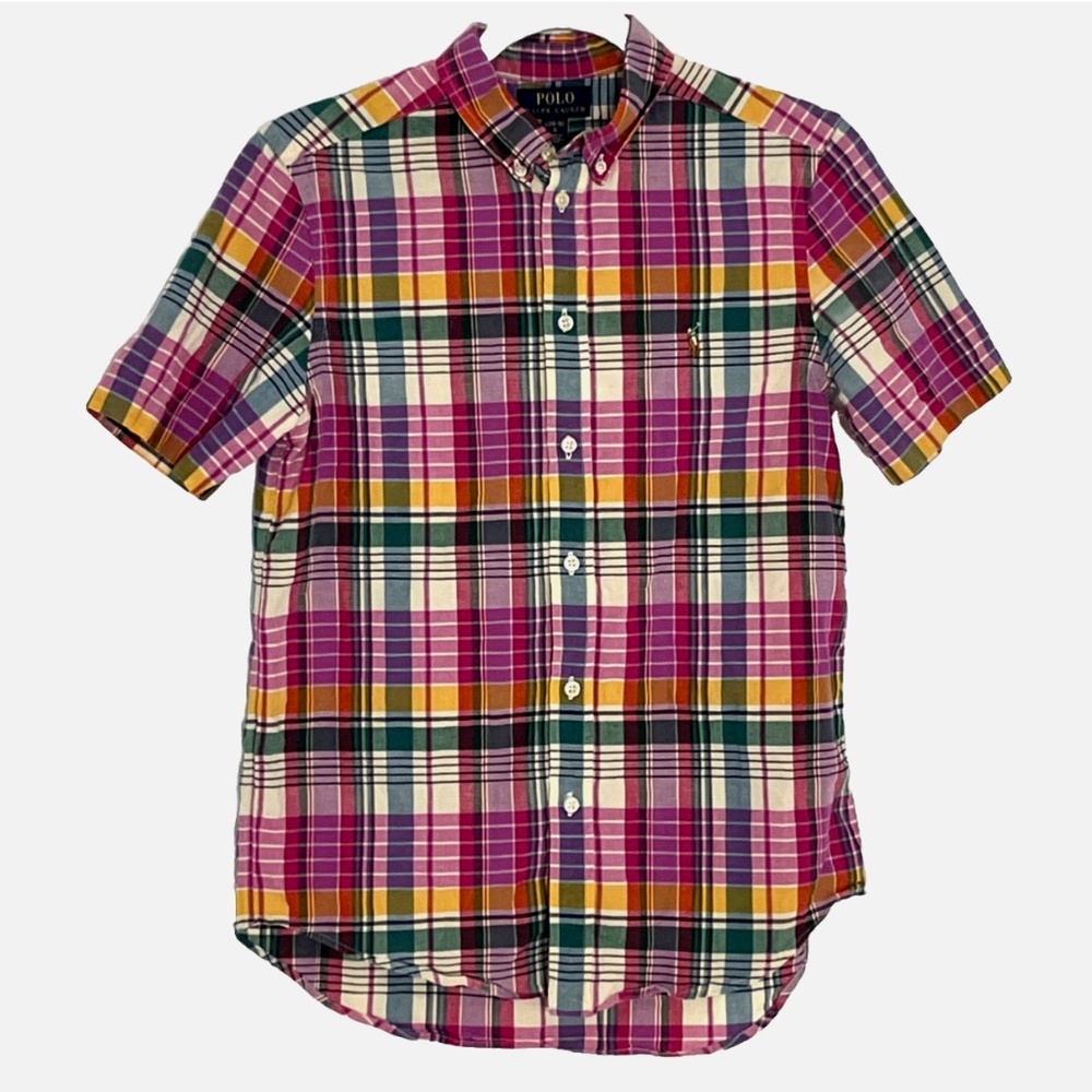 Polo Ralph Lauren Big Boy Plaid Madras Short Sleeve Button Down Shirt Sz L 14-16